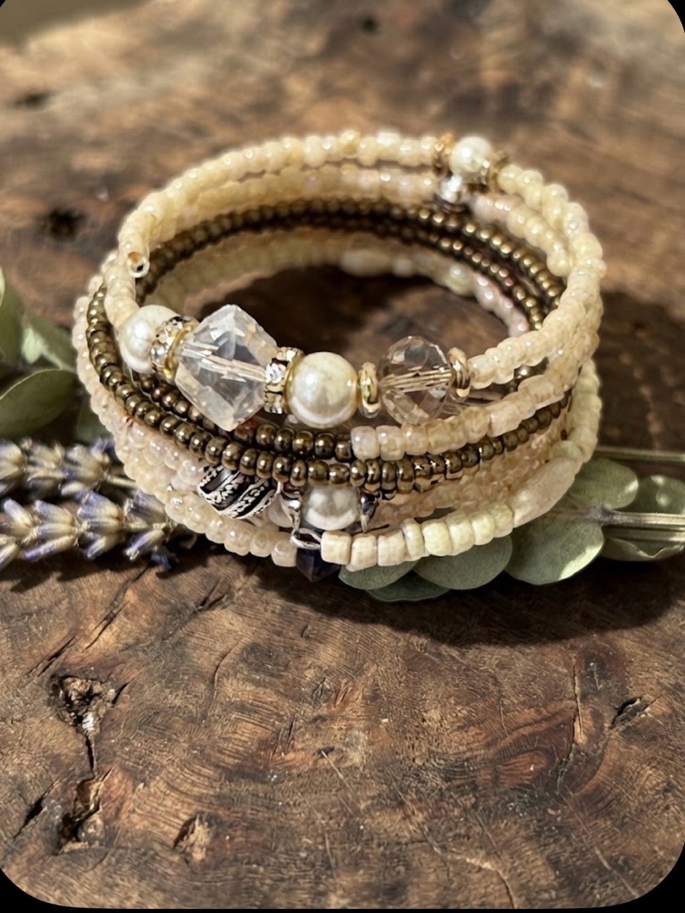 Handcrafted Cream and Gold Beaded Memory wire Wrap Bracelet